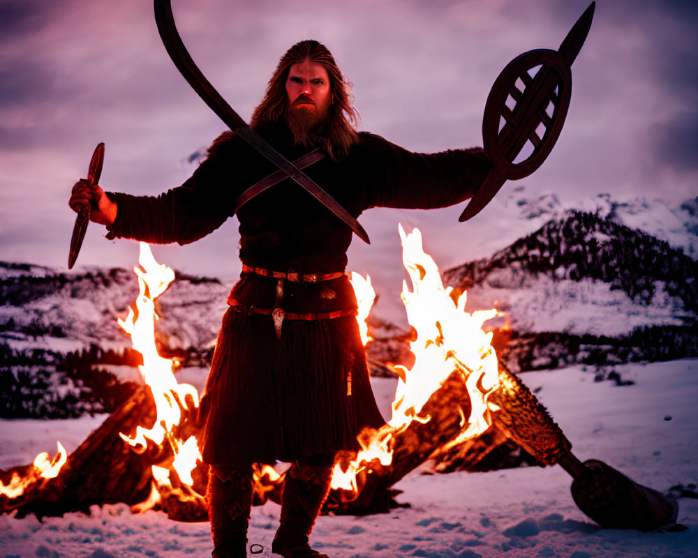 Viking warrior with sword and shield in fiery ring landscape