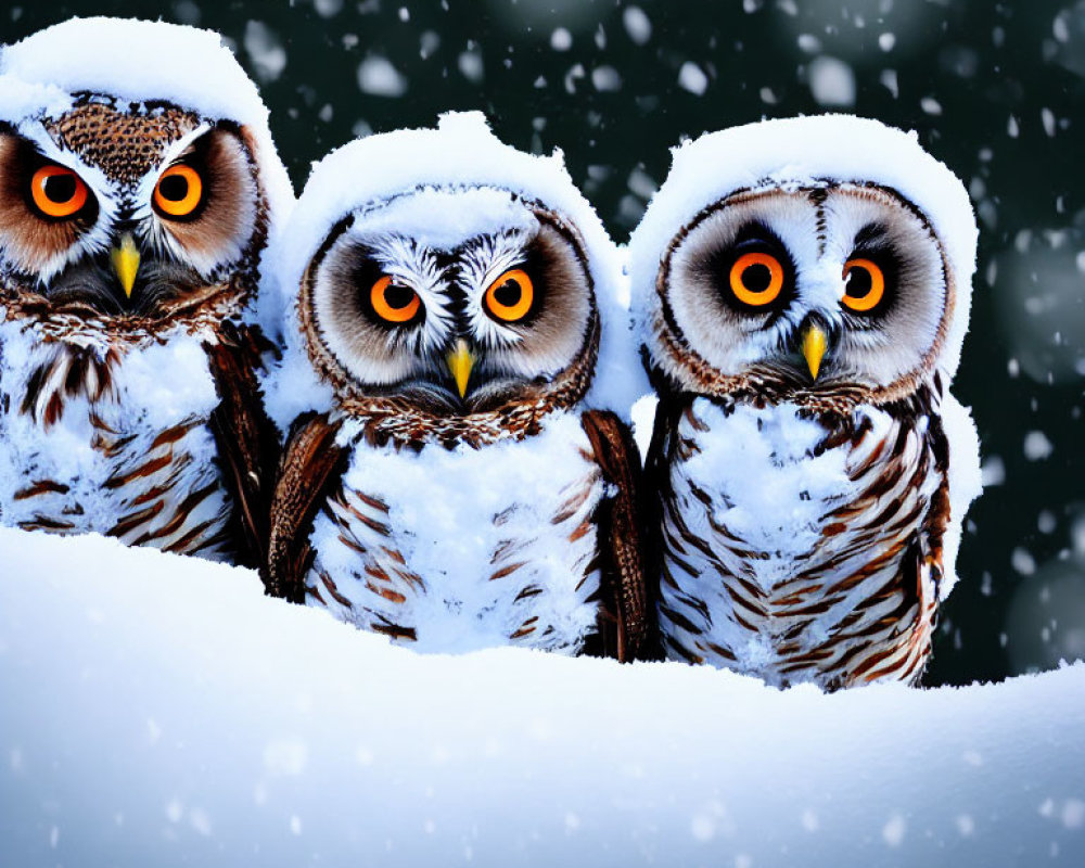 Three owls perched in snowfall with snow on heads