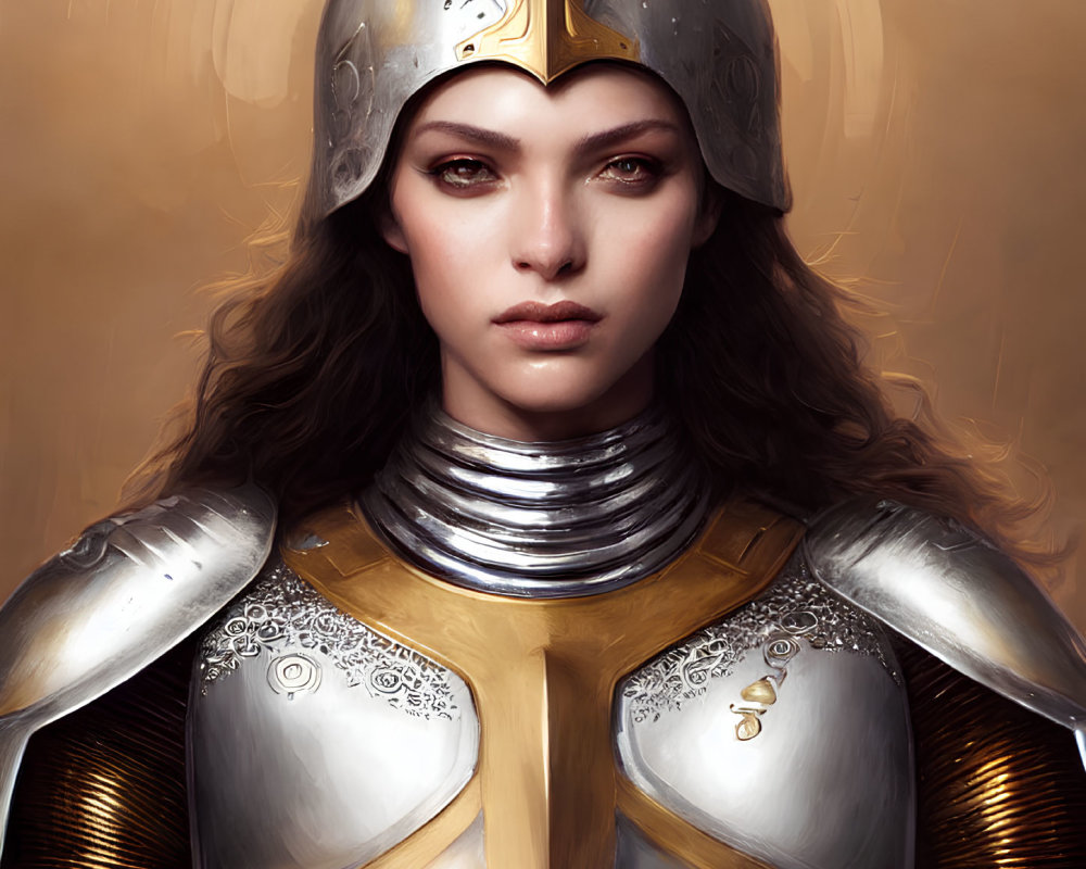 Medieval armor woman with stern gaze and golden crest helmet.