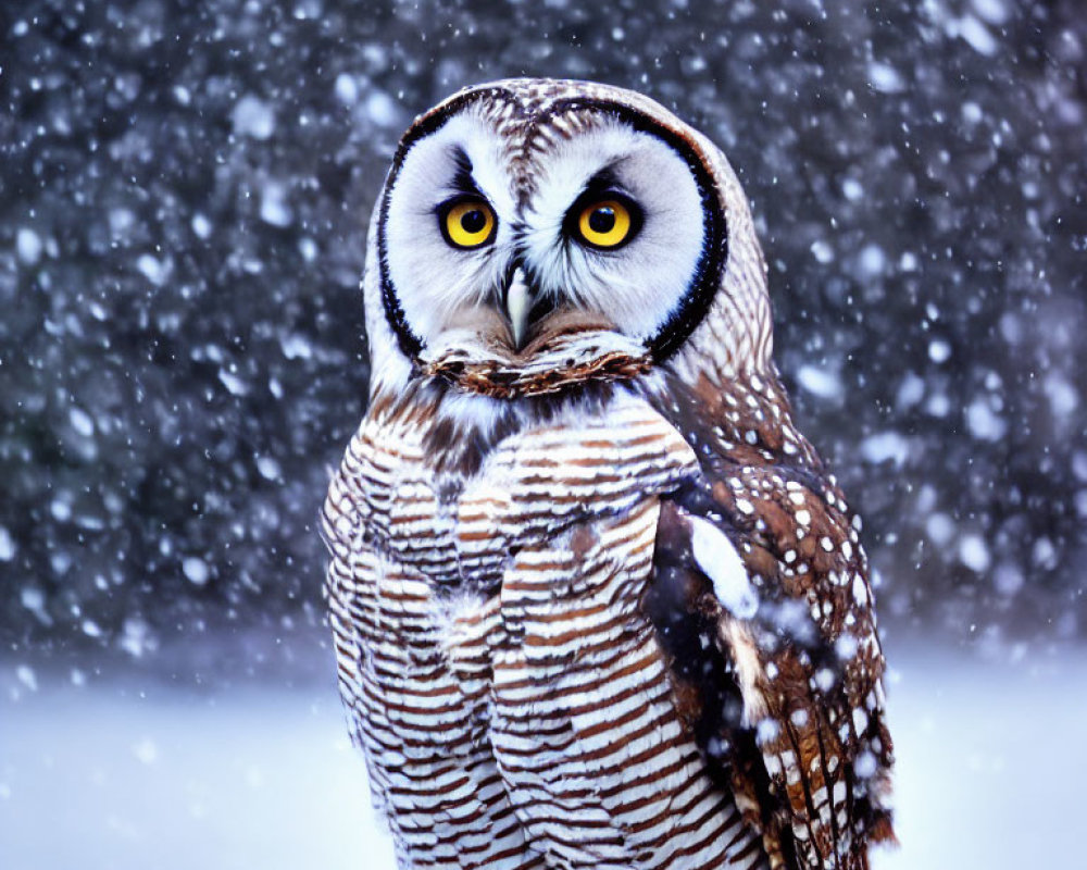 Striped brown owl with yellow eyes in snowfall