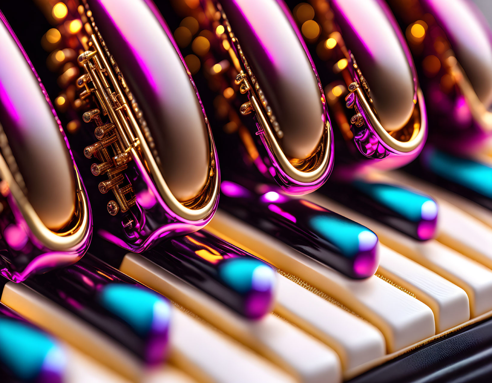 Saxophones on Piano Keys with Golden Hue and Purple Highlights