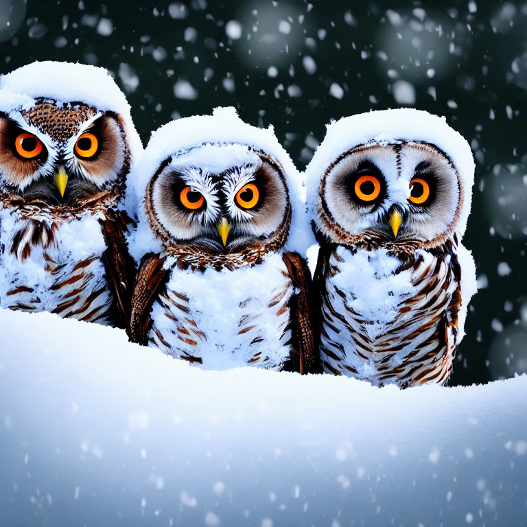 Three owls perched in snowfall with snow on heads