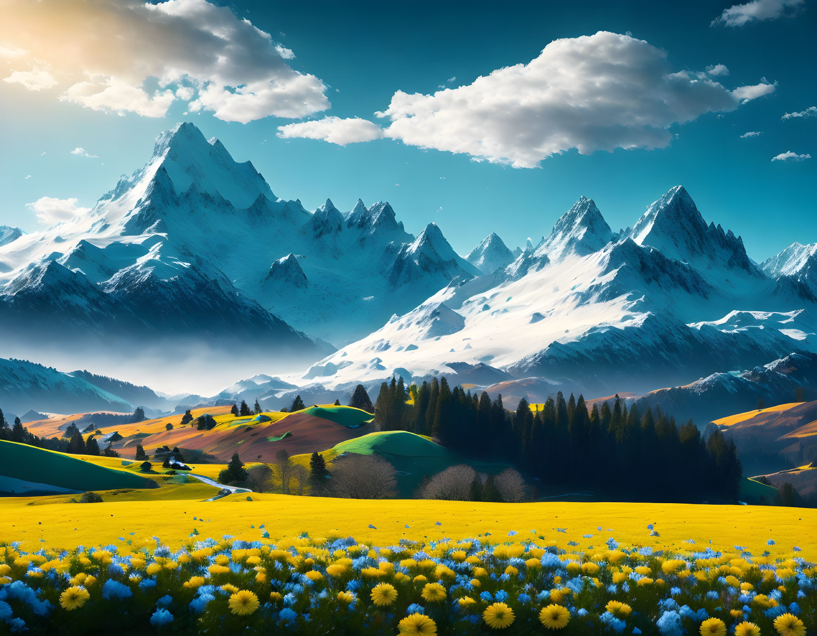 Scenic landscape with wildflowers, green hills, and snow-capped mountains