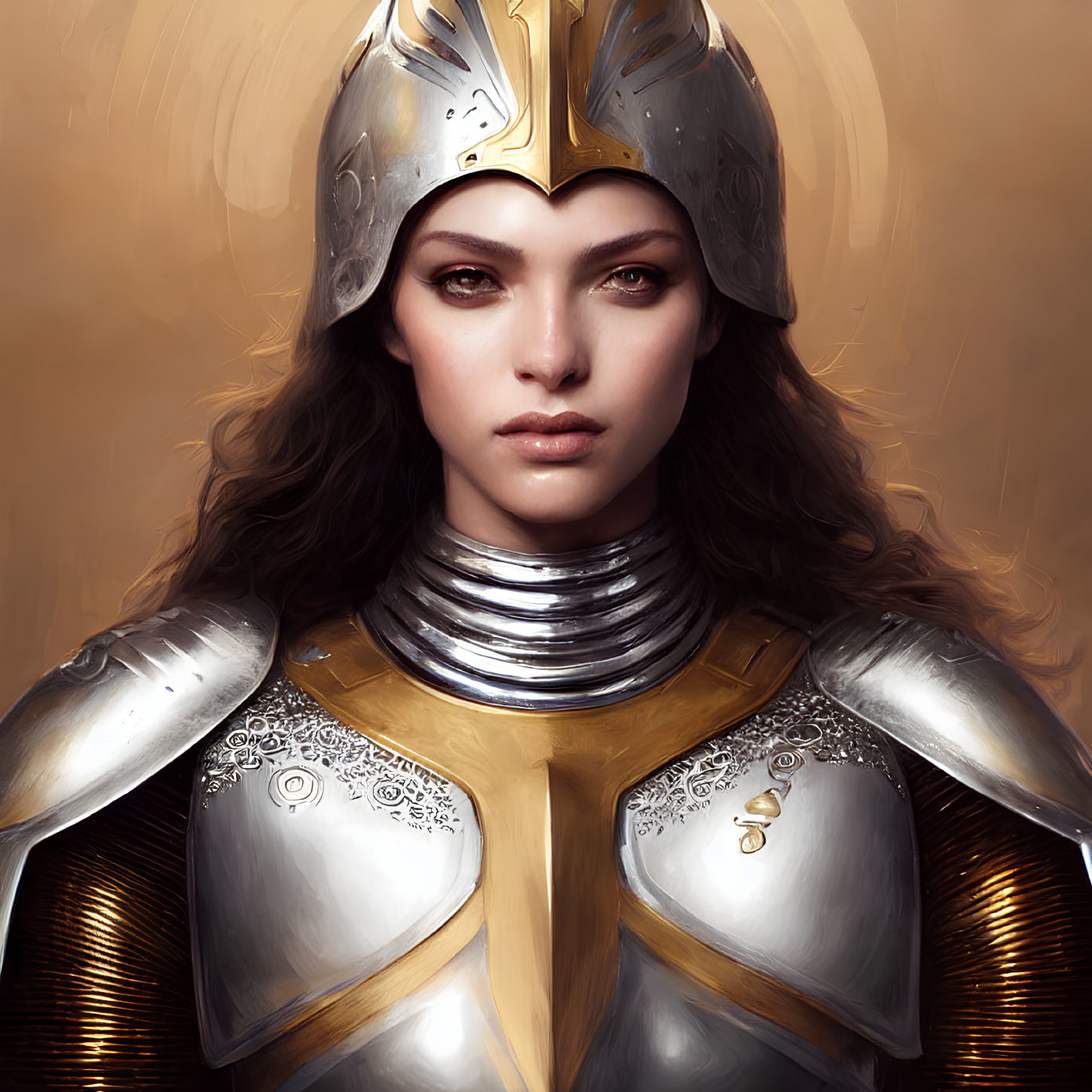 Medieval armor woman with stern gaze and golden crest helmet.