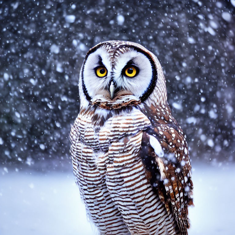 Striped brown owl with yellow eyes in snowfall