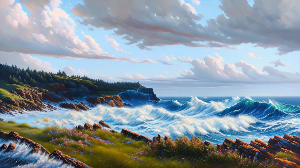 Scenic coastal landscape with cliffs, hills, wildflowers, and crashing waves