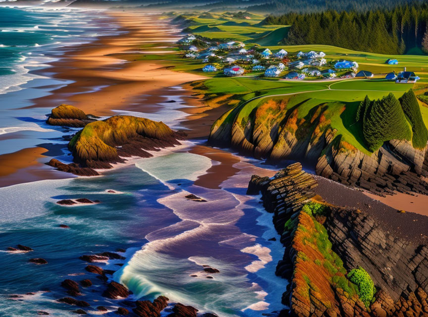 Colorful Coastal Landscape with Sandy Beach and Beach Umbrellas