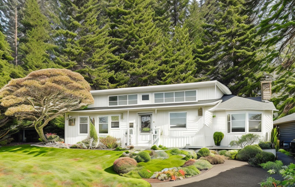 White Single-Story House with Black Trim in Manicured Lawn