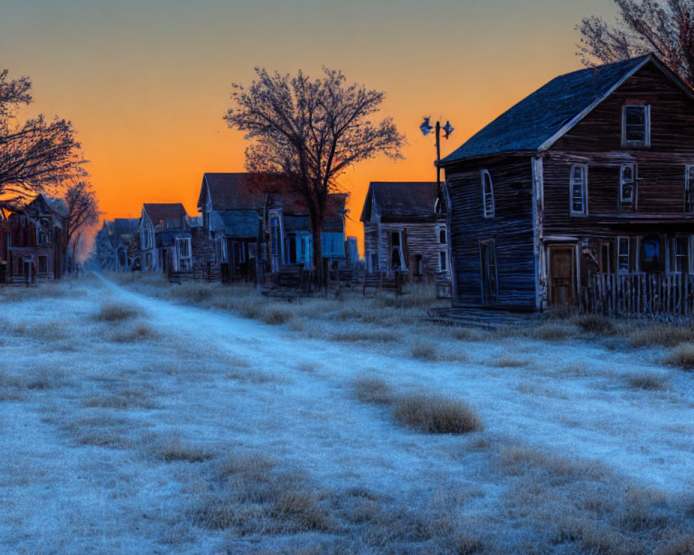 Abandoned village at dawn with frost-covered grass and dilapidated buildings