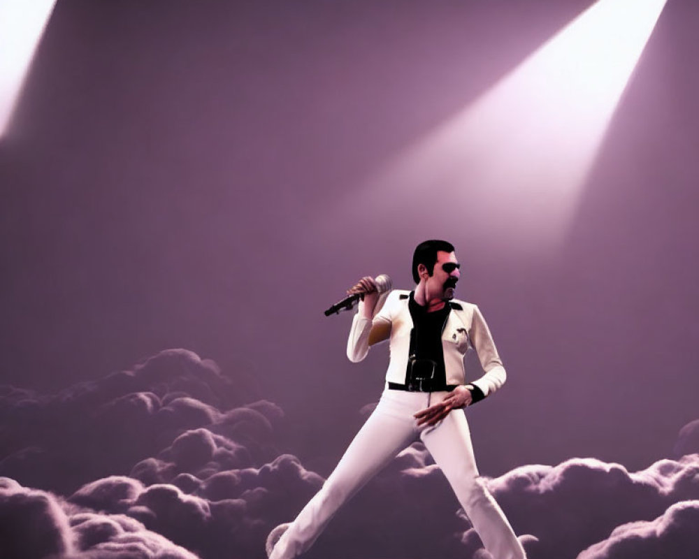 Mustachioed performer in white outfit sings under purple sky