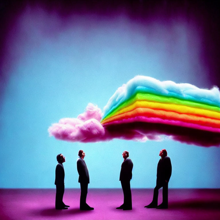 Four people mesmerized by multicolored cloud formation on pinkish-purple backdrop