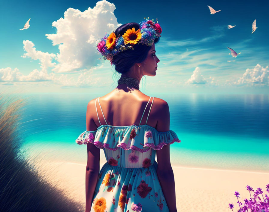 Woman with Floral Crown Gazing at Beach with Butterflies