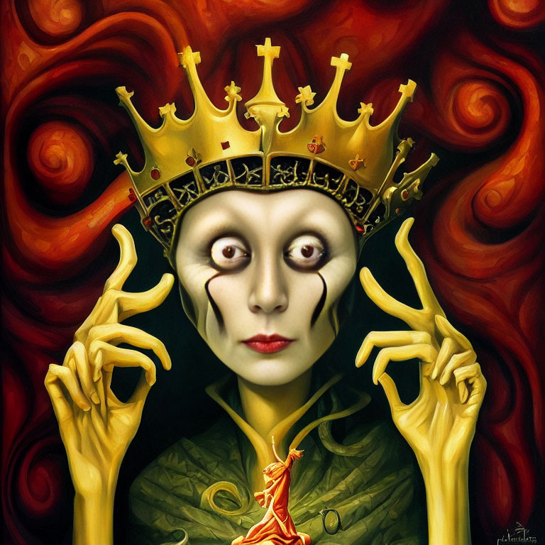 Surreal portrait featuring figure with pale face and golden crown