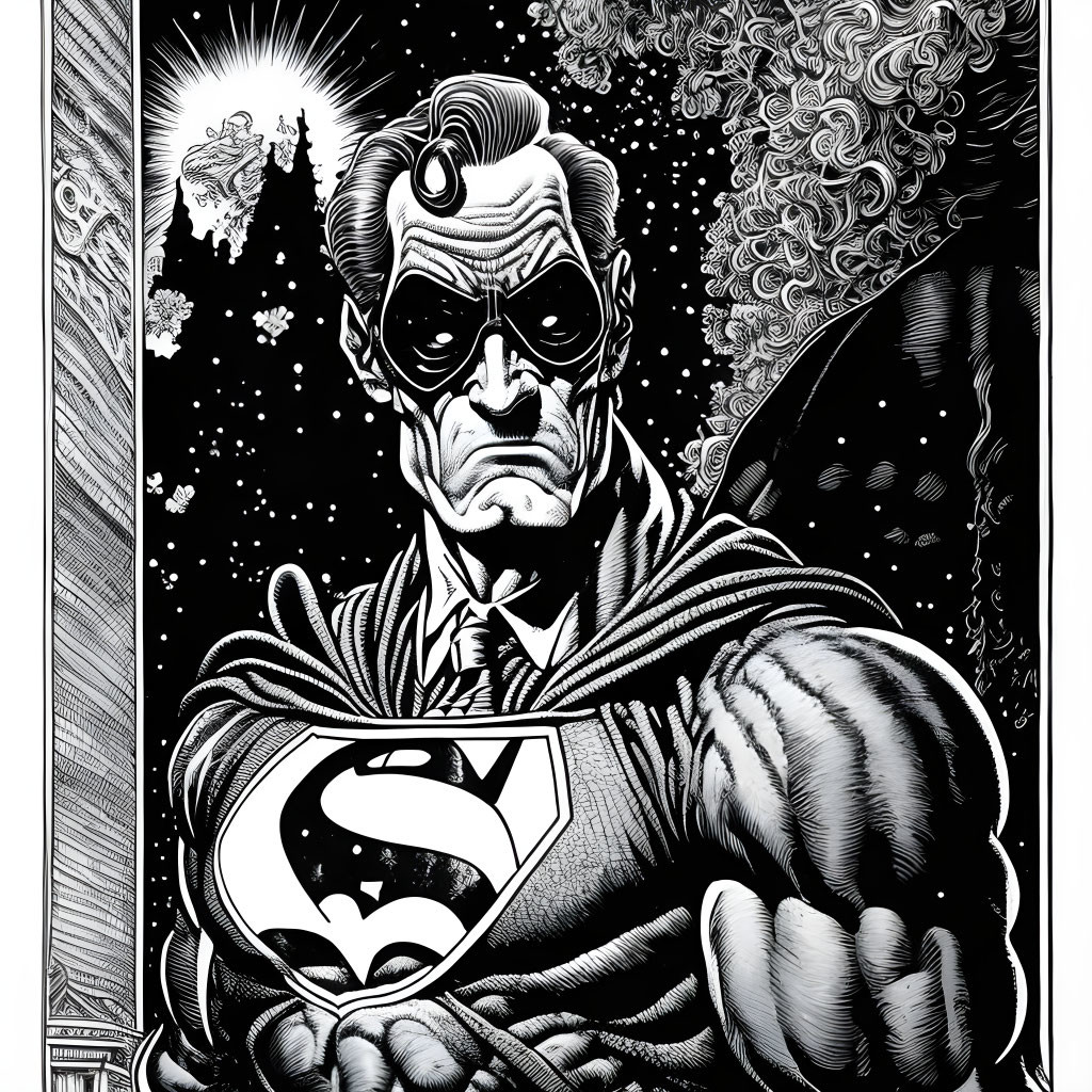 Elderly Superman with Glasses Comic Illustration in Black-and-White