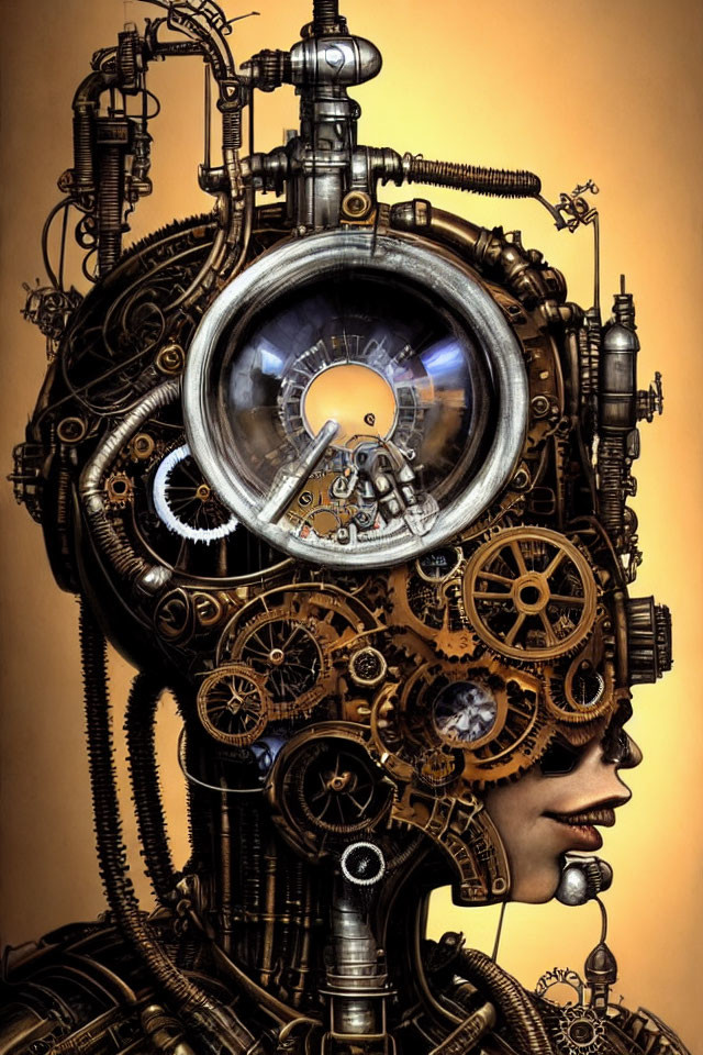 Steampunk-inspired artwork with person's head full of intricate gears and circular viewing lens