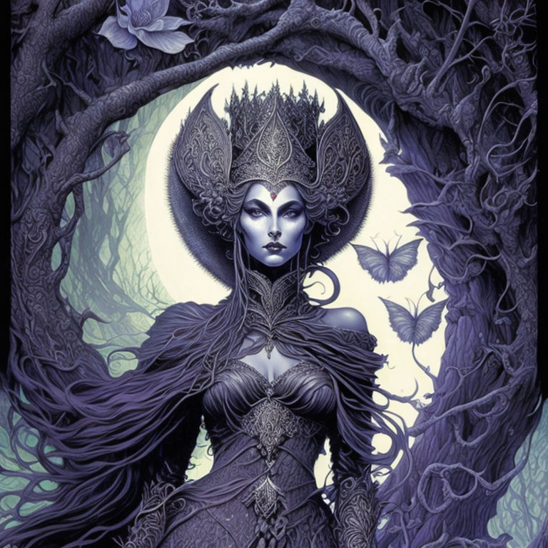 Illustrated mystical woman with crown, moon, trees, and leaves in purple setting