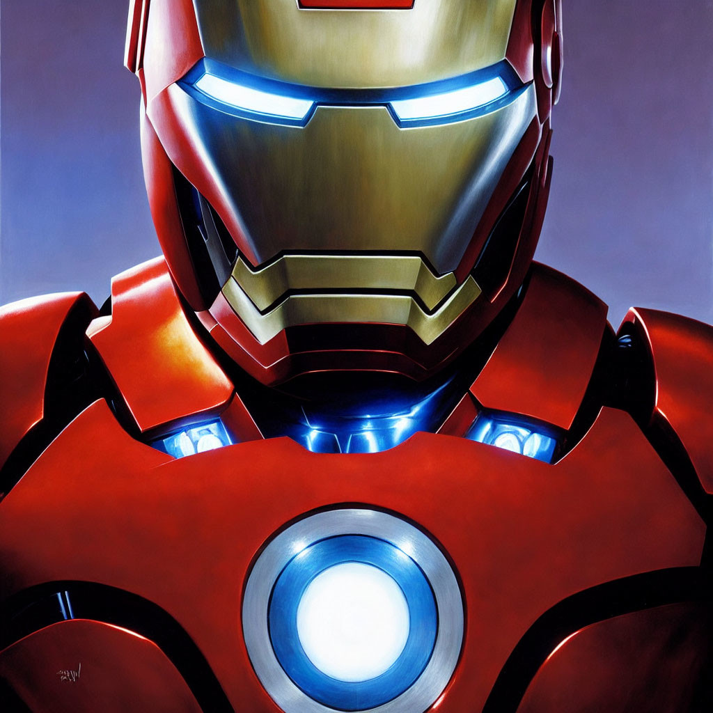 Detailed view of Iron Man's red and gold helmet and upper torso.