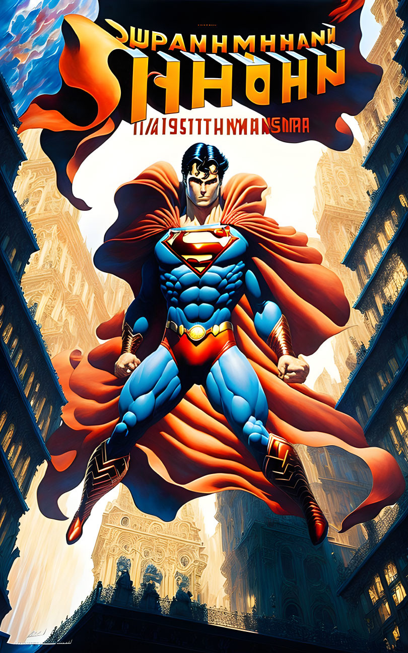 Dynamic Superman Illustration with Fluttering Cape in City Backdrop