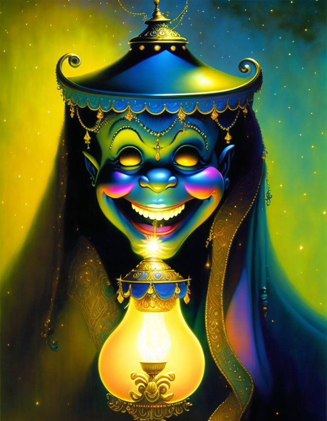 Colorful mystical face in ornate lamp with glowing light on radiant background