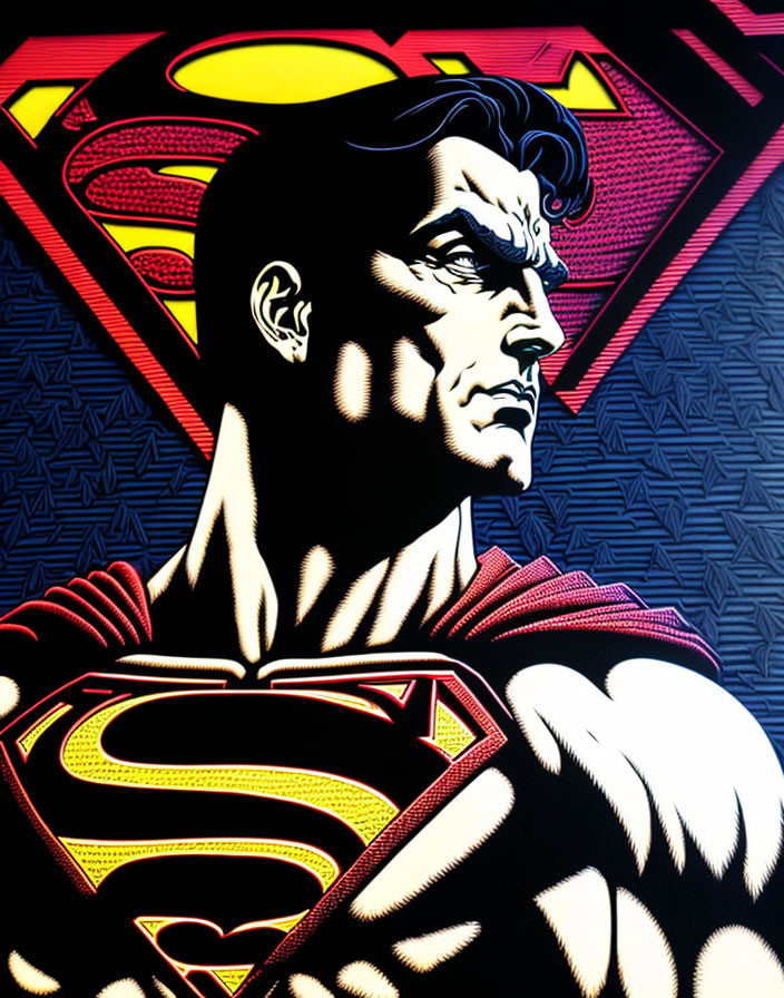 Superman illustration: red cape, S-shield, emblem backdrop