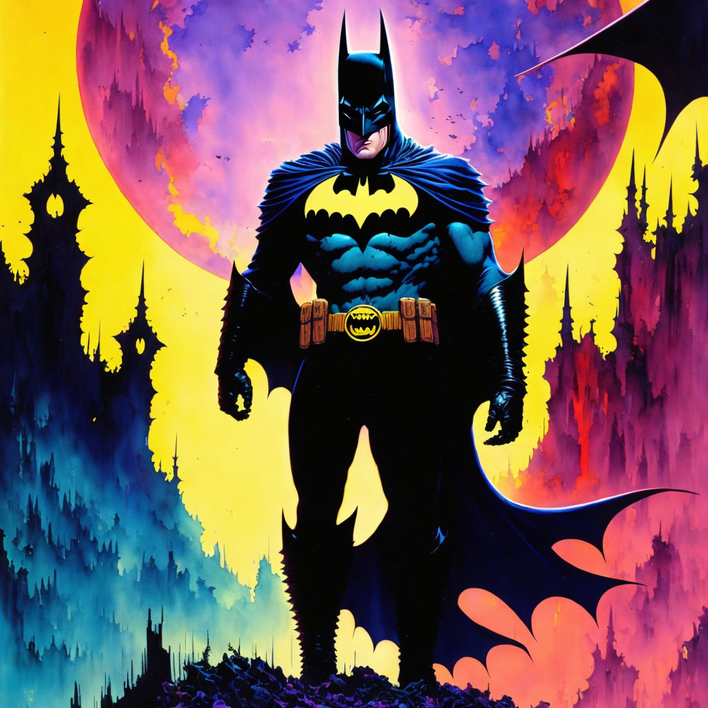 Batman illustration with vibrant, stylized background and iconic bat-symbol.