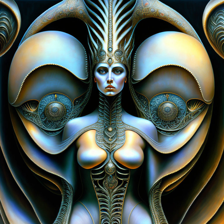 Stylized digital artwork of a female figure in ornate metallic armor