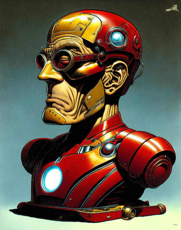 Humanoid robot with exposed skull in red and gold armor.