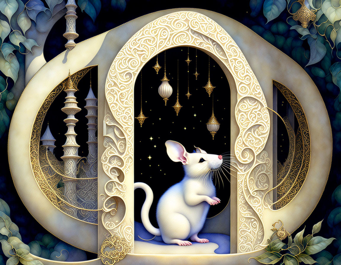 White Mouse at Ornate Doorway Overlooking Fantastical Landscape