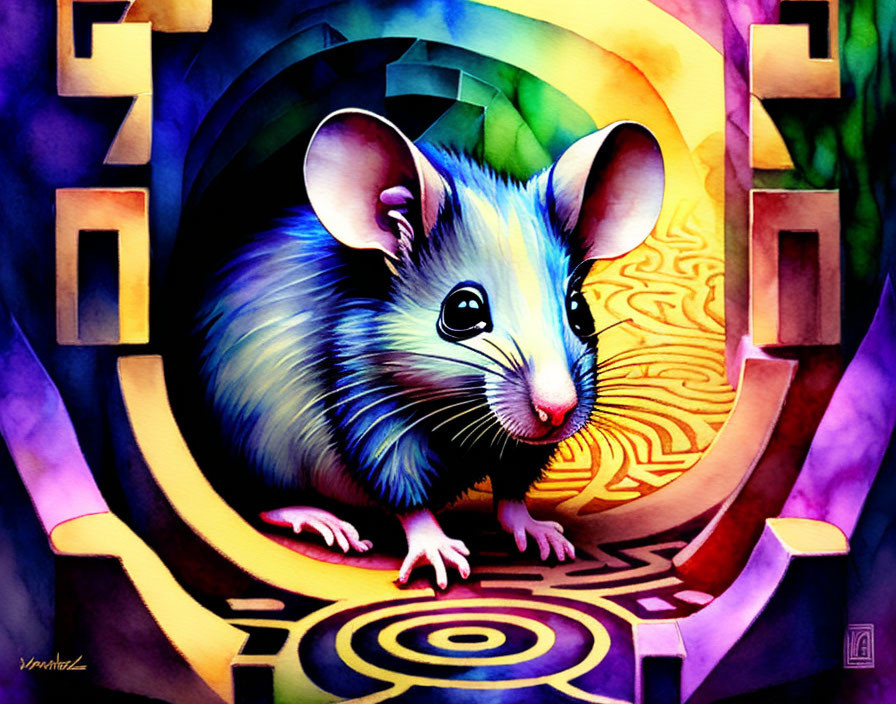 Colorful Mouse Illustration in Whimsical Doorway with Rainbow Hues