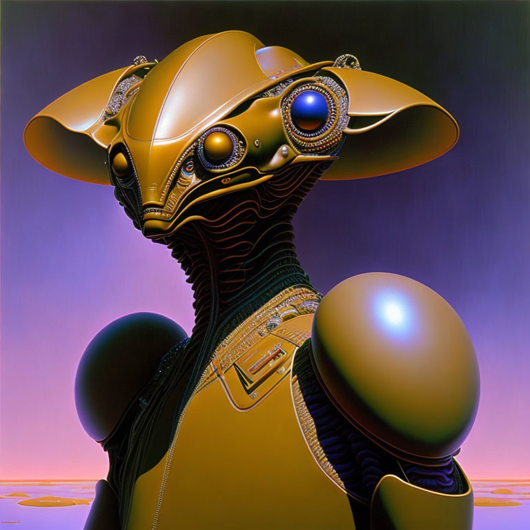 Sleek Gold and Black Robotic Creature with Optical Lenses