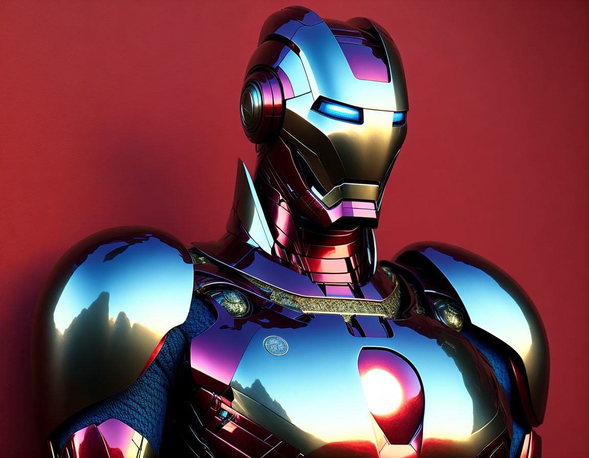 Detailed Illustration of Glossy Red and Gold Iron Man Suit on Plain Background