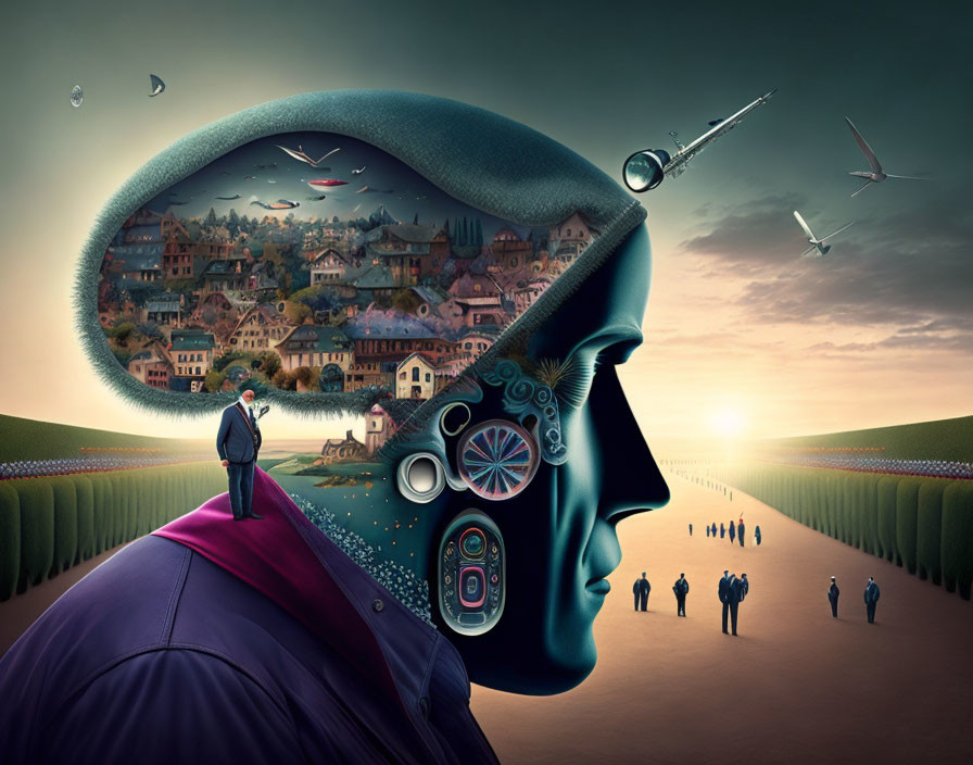 Surreal illustration: giant head with cityscape, man on collar, surreal elements in vast landscape