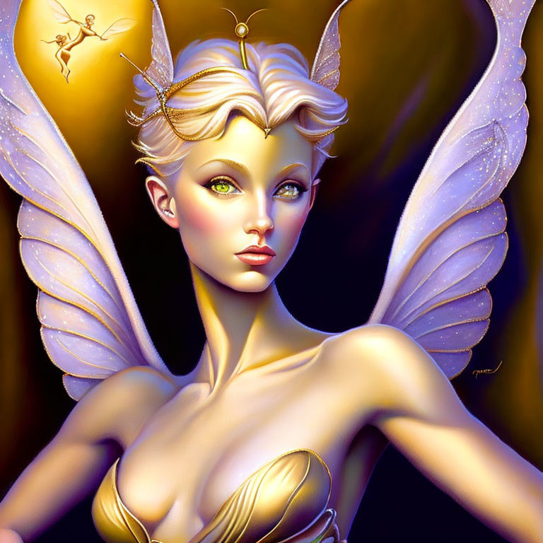 Fantasy creature with woman's appearance and delicate wings, golden antennae, ethereal lighting