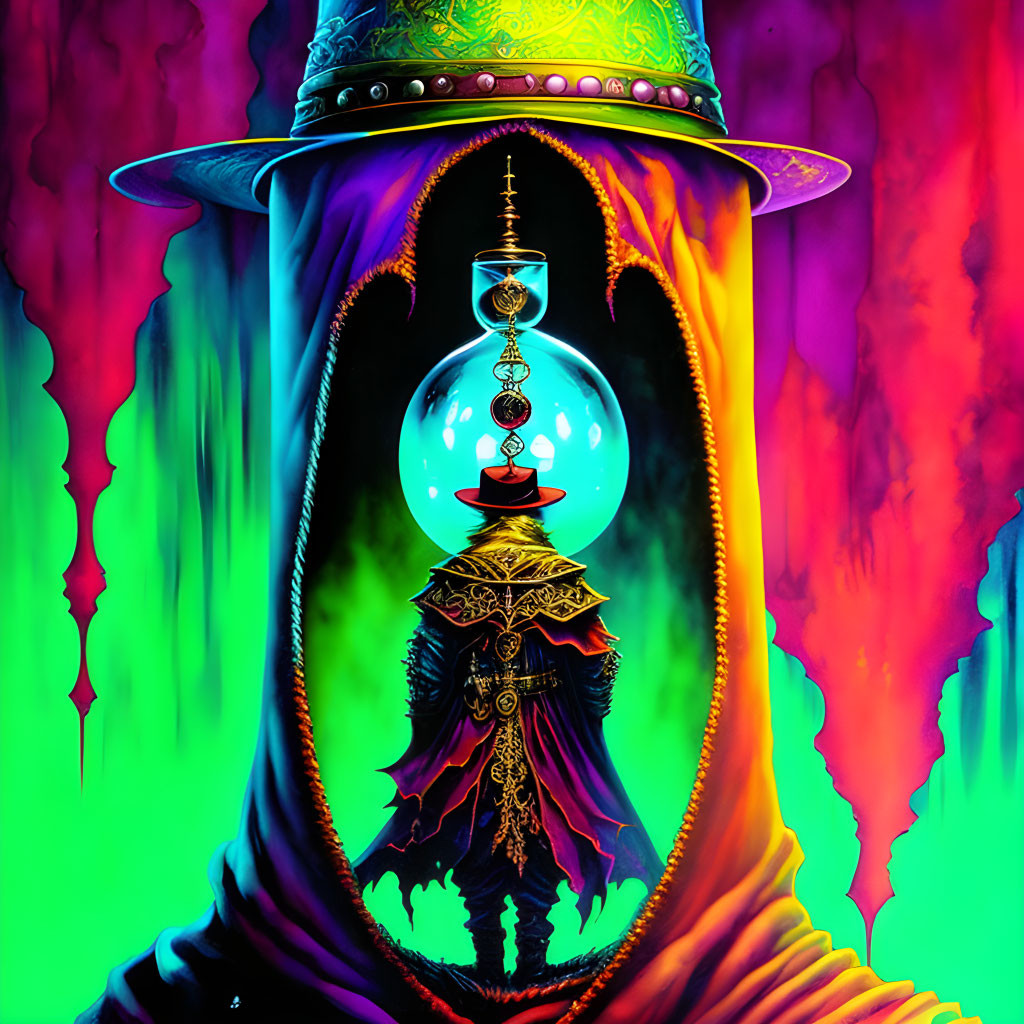 Colorful artwork: Cloaked figure with wide-brimmed hat holding balancing scale in mystical orb on