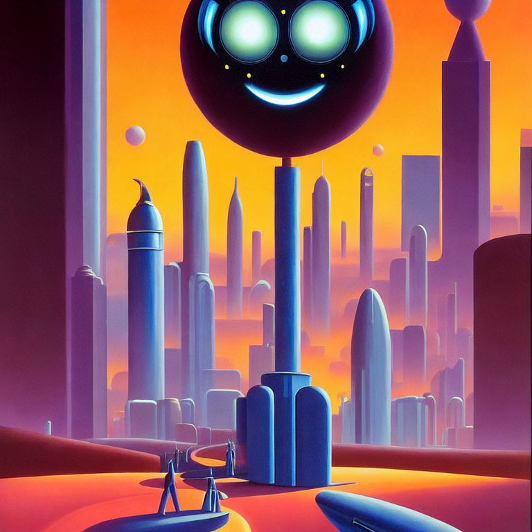 Purple and Orange Retro-Futuristic Cityscape with Skyscrapers and Hovering Robot