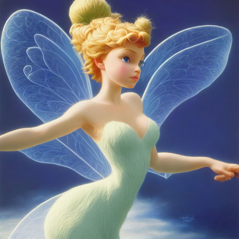 Digital illustration of blonde fairy in green dress with translucent wings on blue background