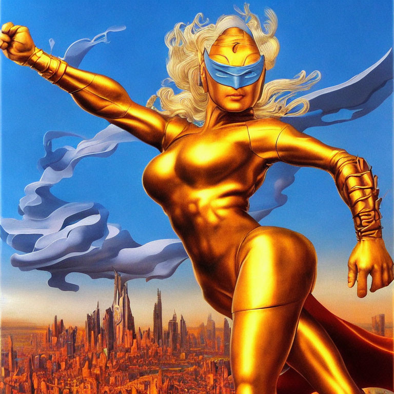 Golden-clad superheroine with blue mask and flowing white hair in cityscape backdrop.