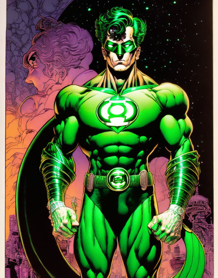 Muscular superhero in green & black suit with lantern symbol, glowing aura, against space backdrop