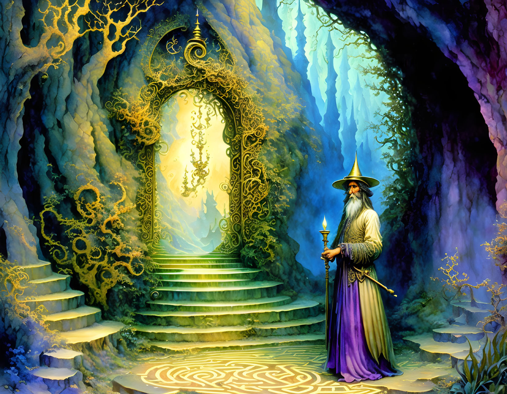 Wizard with staff at mystical glowing doorway in colorful forest