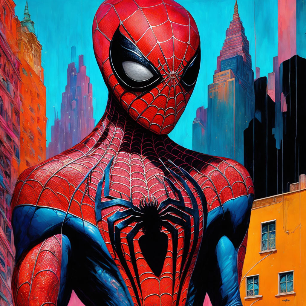 Colorful Spider-Man art in red and blue suit against pink and blue cityscape