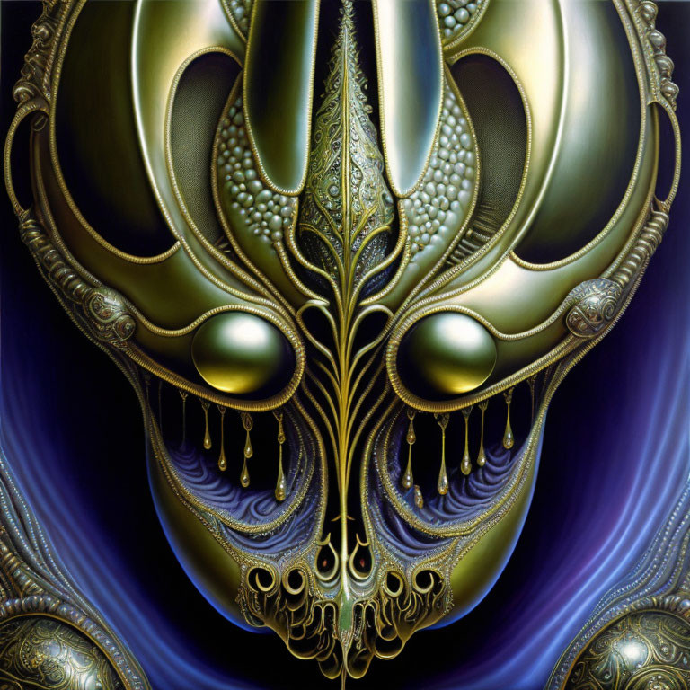 Surreal metallic skull with elongated eye sockets on swirling blue and black background