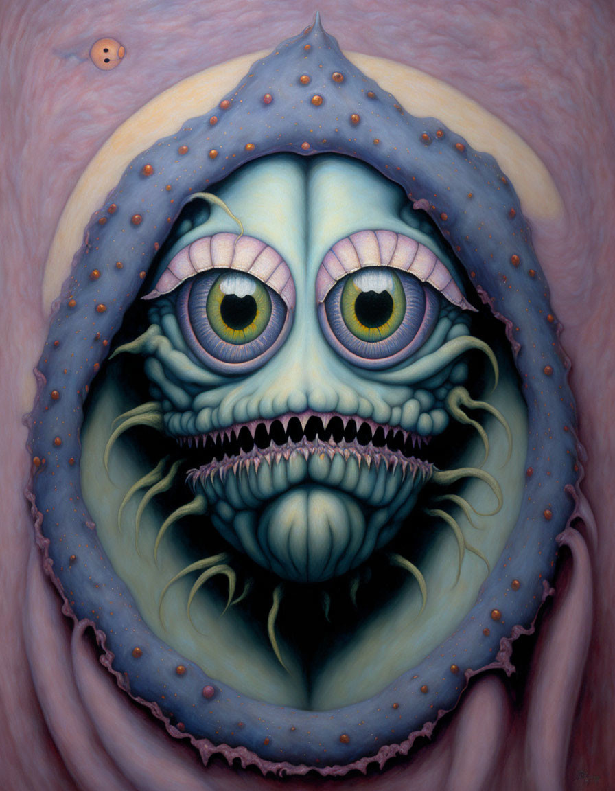 Surreal painting: Creature with dual-colored eyes, multiple eyelids, round lips in pink tent