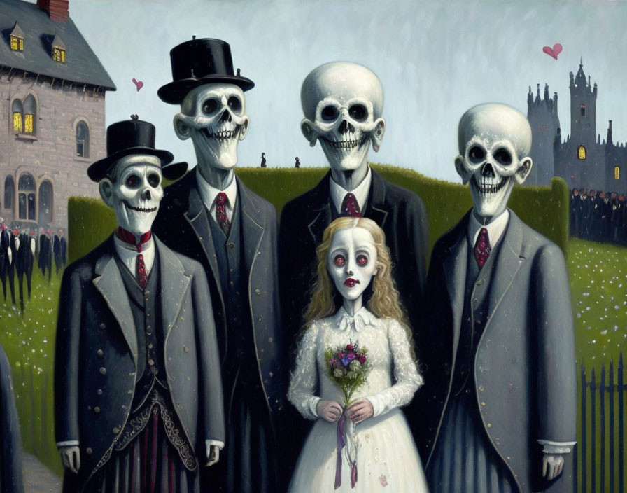 Skeletal Figures in Formal Attire with Gothic Castle Background