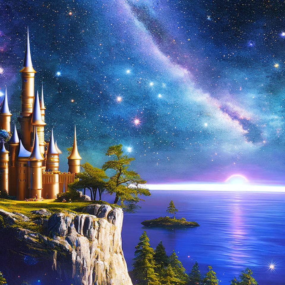 Fantasy castle on cliff overlooking starry night sky and serene ocean at sunrise