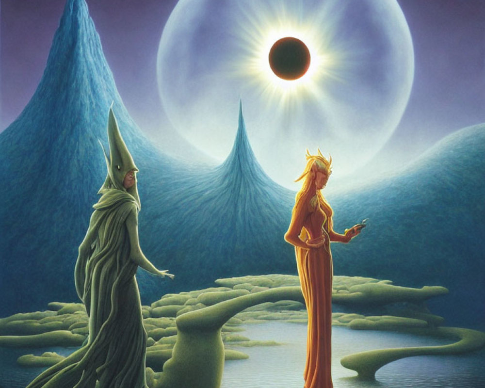 Ethereal figures in surreal landscape with blue mountains and eclipsed sun