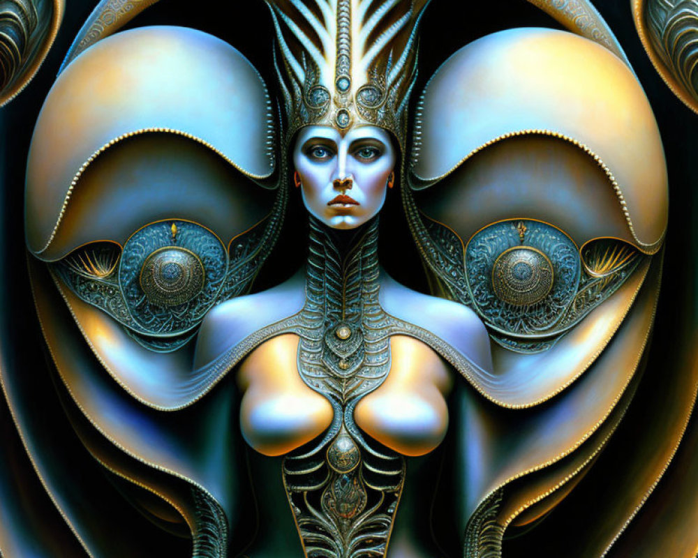 Stylized digital artwork of a female figure in ornate metallic armor