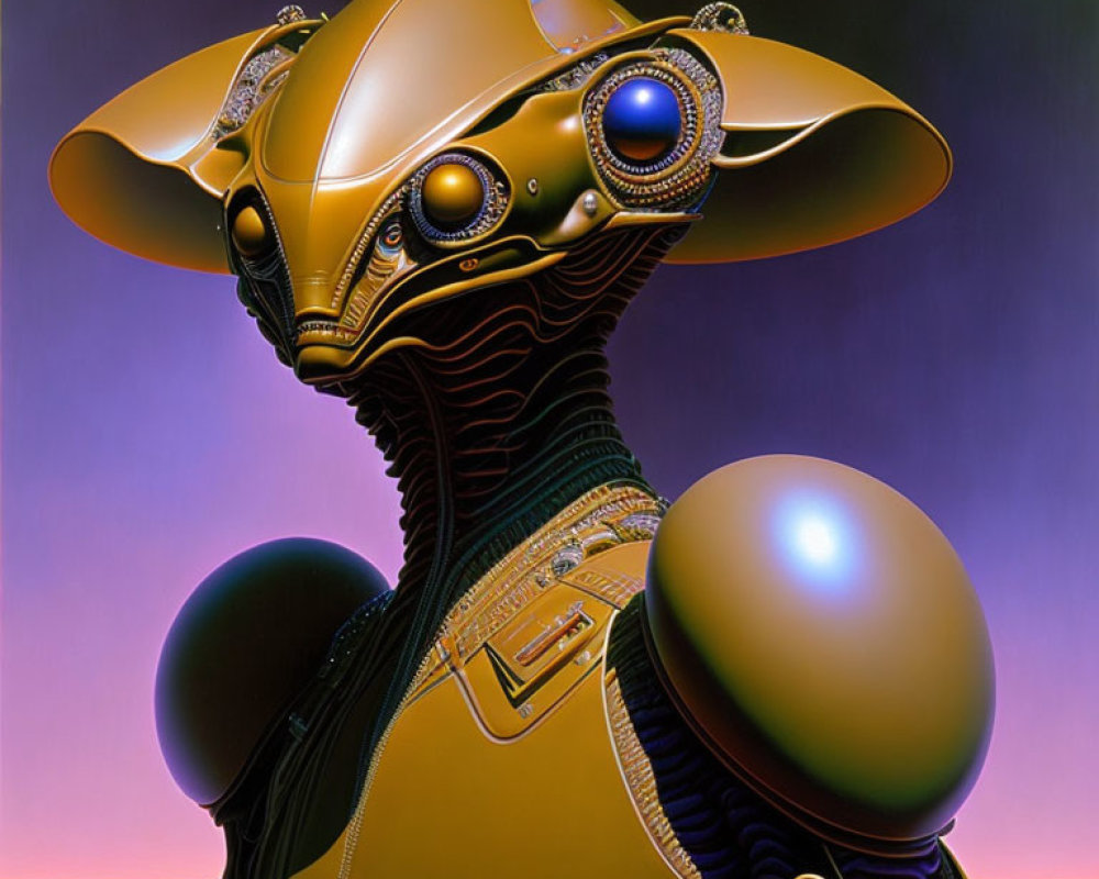 Sleek Gold and Black Robotic Creature with Optical Lenses