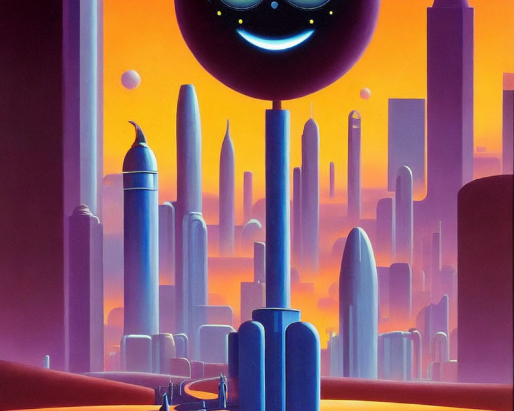 Purple and Orange Retro-Futuristic Cityscape with Skyscrapers and Hovering Robot