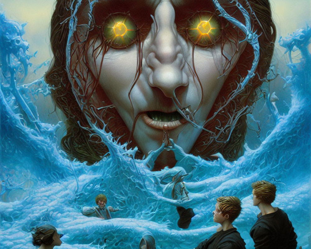 Surreal giant face and glowing eyes in ocean waves with people.