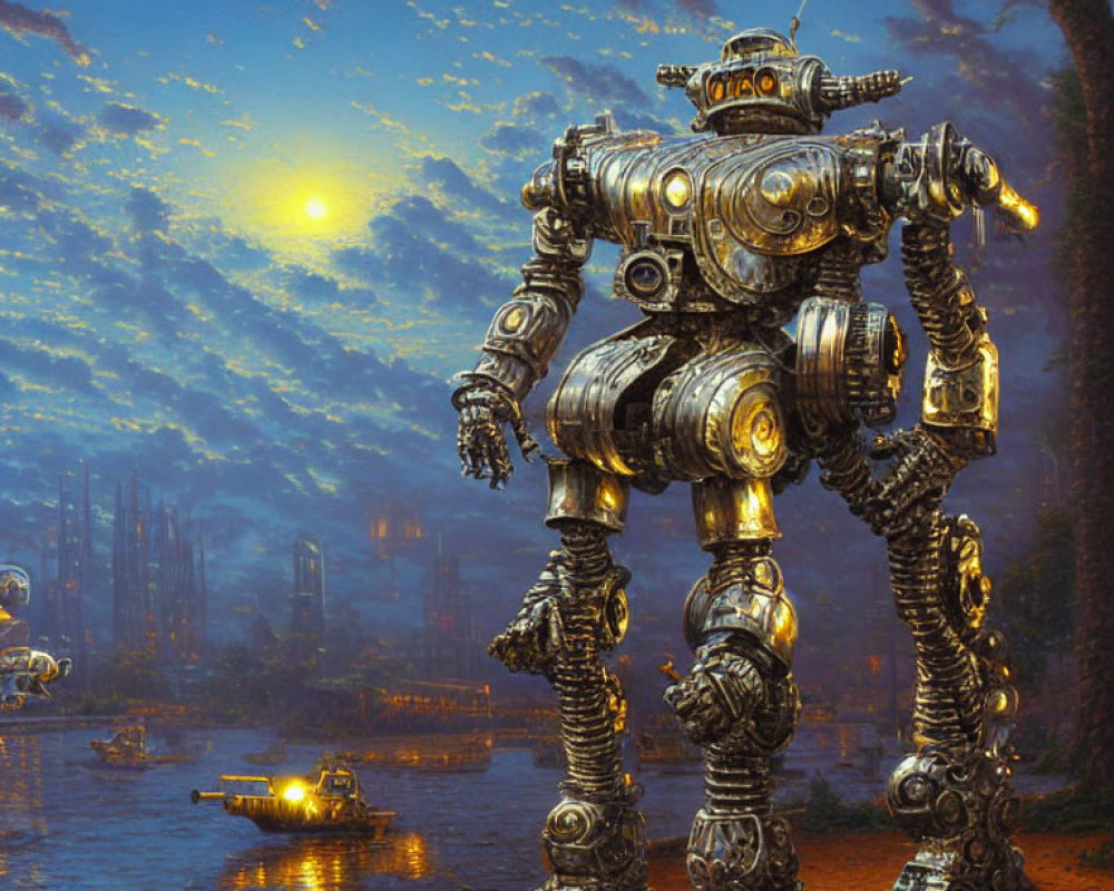 Detailed robot in futuristic cityscape at dusk with waterways